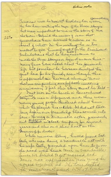 Moe Howard's Handwritten Manuscript Created for His Autobiography -- Timeline of Important Events from 1916-1970